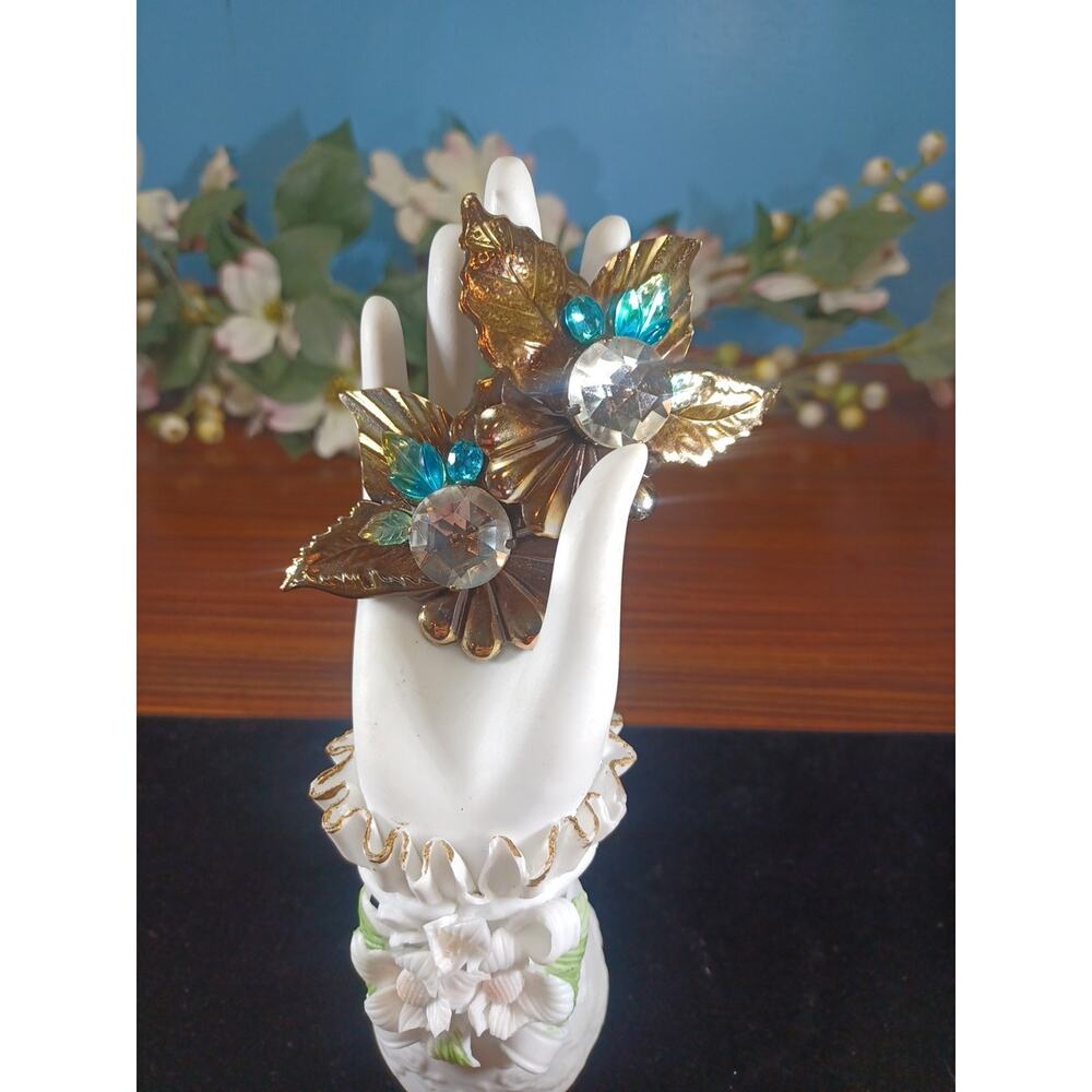 Vintage Layered Leaf Aqua Earrings Clip On West Germany Bling Fashion Sparkling